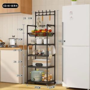 5-tier movable kitchen storage rack with hooks and wheels- Type A
