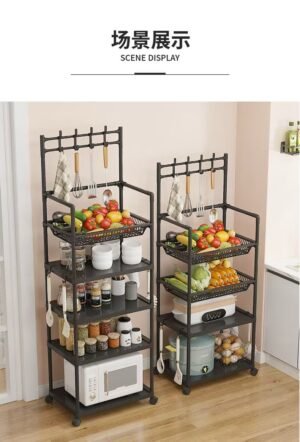 5-tier movable kitchen storage rack with hooks and wheels- Type B - Image 2