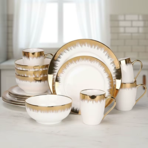 16-piece white ceramic dinner set featuring a luxury drip-effect gold trim - Image 3