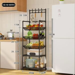 5-tier movable kitchen storage rack with hooks and wheels- Type B