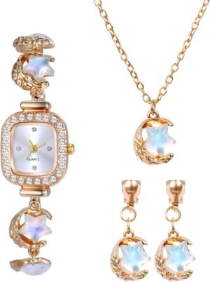 Womens Ladies Non-Piercing Ear Clips Necklace Wrist Watch Set - Image 4