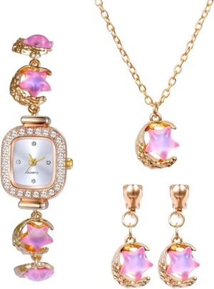 Womens Ladies Non-Piercing Ear Clips Necklace Wrist Watch Set - Image 5