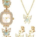 Womens Ladies Non-Piercing Ear Clips Necklace Wrist Watch Set