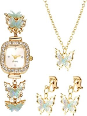 Womens Ladies Non-Piercing Ear Clips Necklace Wrist Watch Set