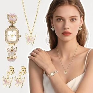 Womens Ladies Non-Piercing Ear Clips Necklace Wrist Watch Set - Image 9
