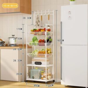 5-tier movable kitchen storage rack with hooks and wheels- Type B - Image 3