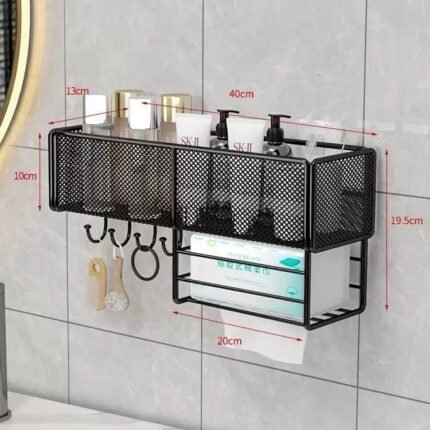 Metal mesh bathroom organizer with adhesive wall hooks and a tissue dispenser.