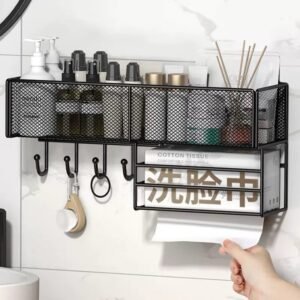 Metal mesh bathroom organizer with adhesive wall hooks and a tissue dispenser. - Image 3