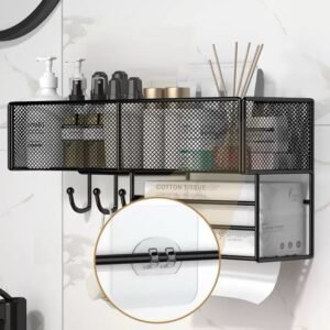 Metal mesh bathroom organizer with adhesive wall hooks and a tissue dispenser. - Image 2