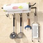 Wall-mounted kitchen organizer rack for paper towels and utensils