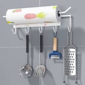 Wall-mounted kitchen organizer rack for paper towels and utensils - Image 2