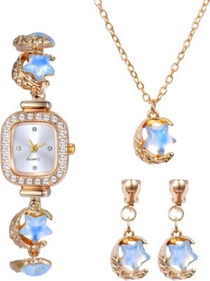 Womens Ladies Non-Piercing Ear Clips Necklace Wrist Watch Set - Image 8