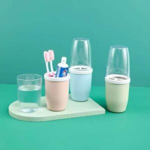 Portable toothbrush and toothpaste storage cups with clear gargle cover