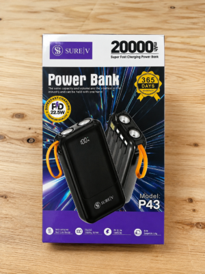 SURE|V P43 20,000mAh Power Bank – 22.5W Fast Charging with built in cables