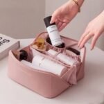 high-capacity PU leather travel makeup organizer